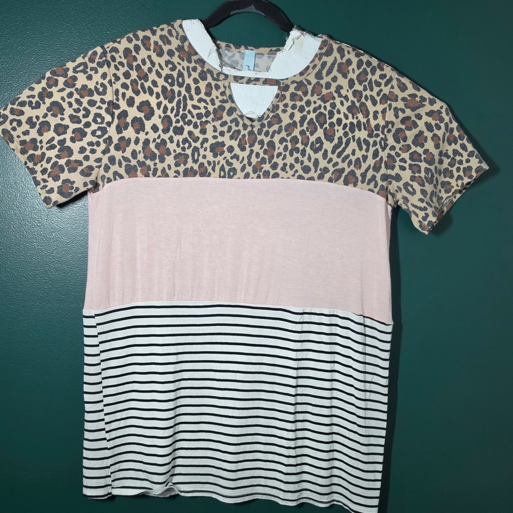 Grateful Hearts Women Leopard Pink Striped Colorblock Keyhole Top Short Sleeve